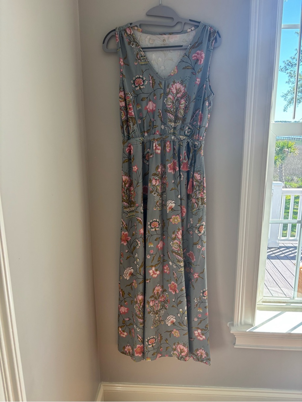 Spartina 449 Dusty Blue Maxi Dress with Pink and Cream Florals